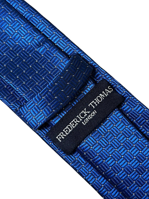 electric bright blue tie with squared pin spot design